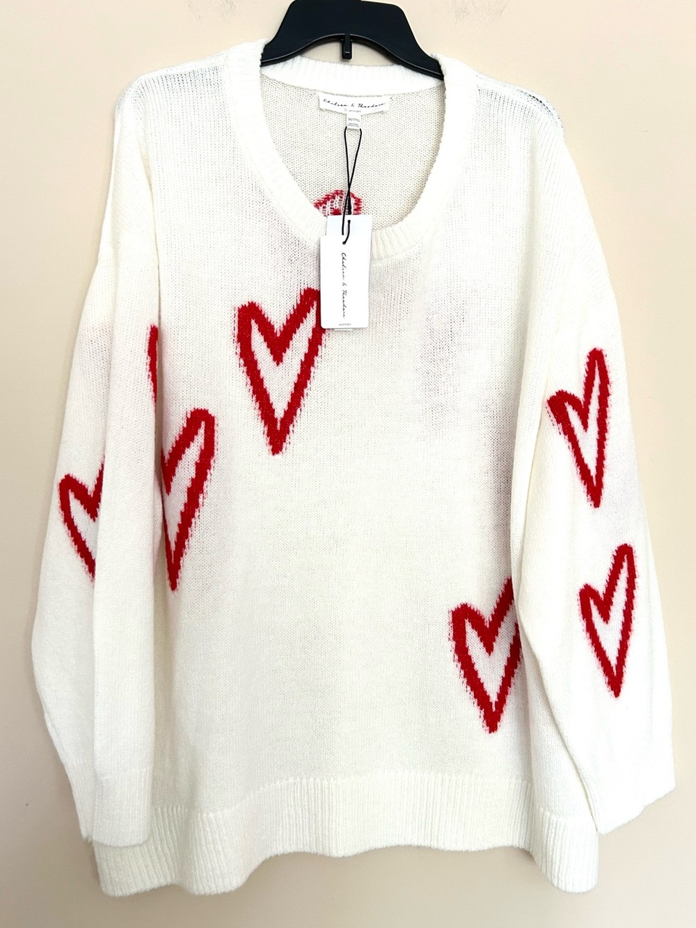 NEW Chelsea & Theodore White Crewneck Sweater with Red Heart Motifs